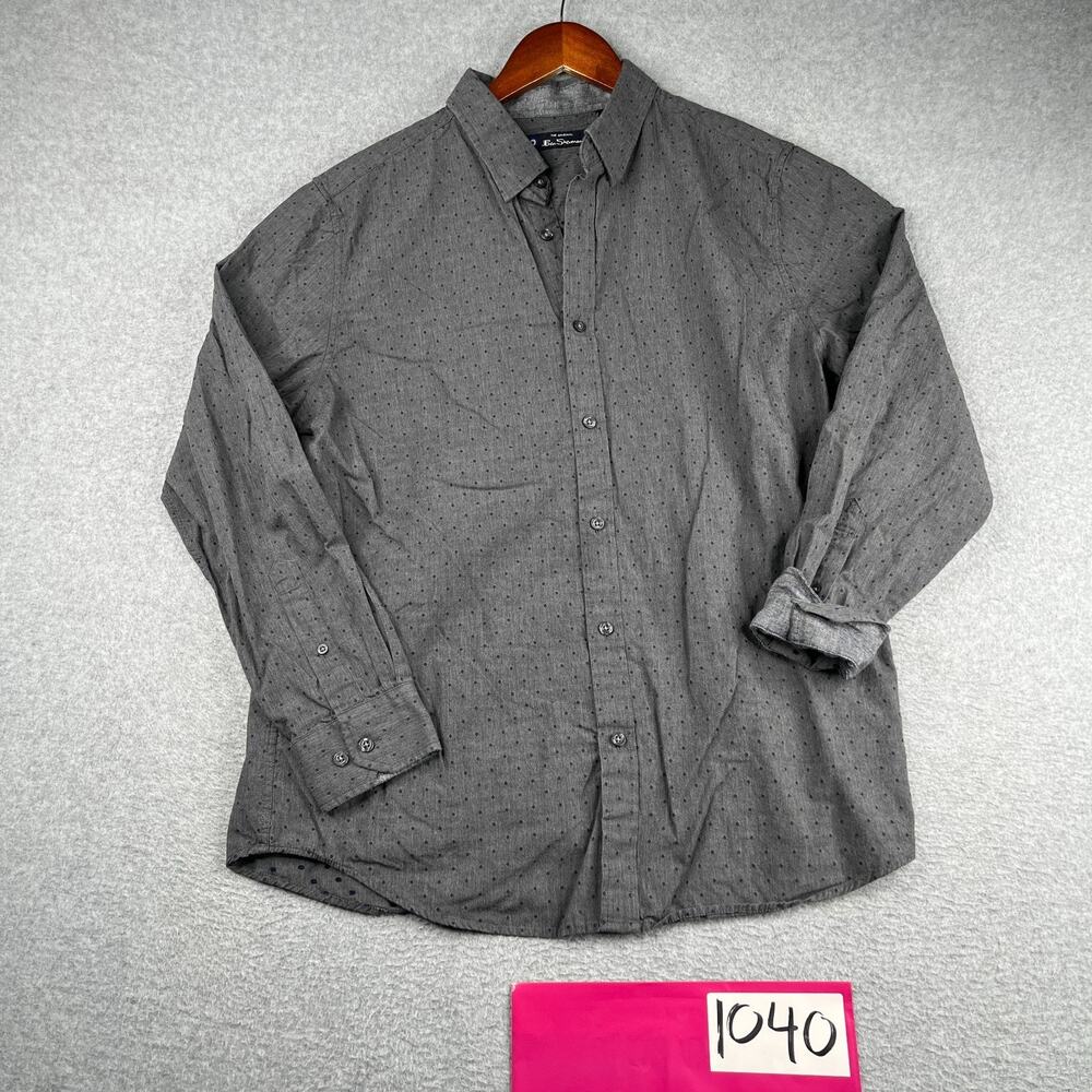 Ben Sherman Shirt Large Gray Blue Dots Casual Flip Cuff Button Up Long Sleeve